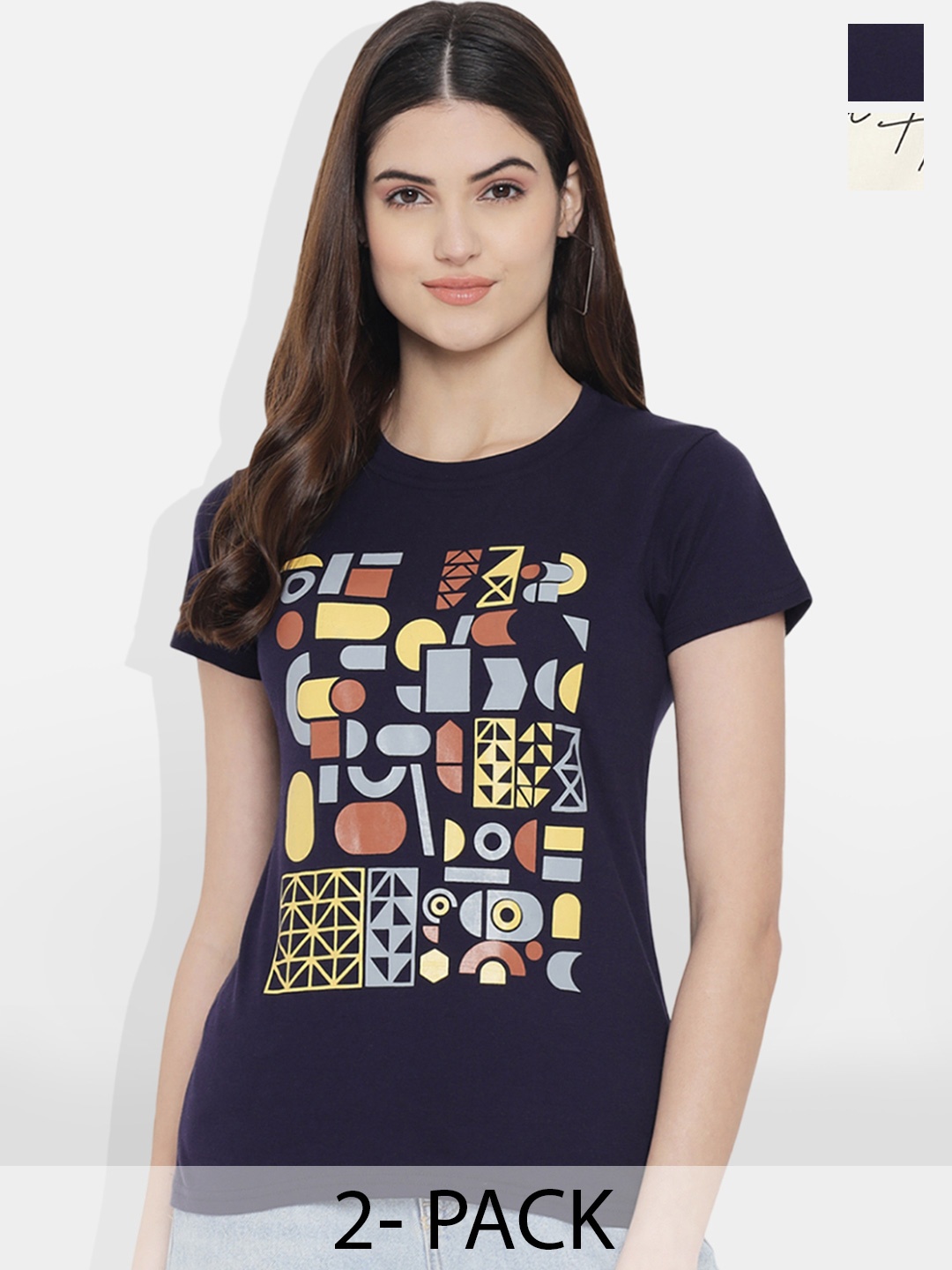 

Fabflee Pack Of 2 Printed Cotton T-shirt, Cream