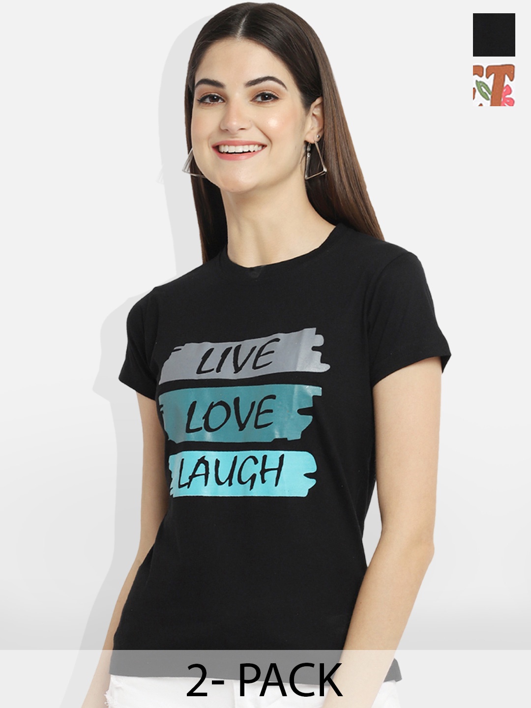 

Fabflee Pack Of 2 Typography Printed Cotton T-shirts, Black