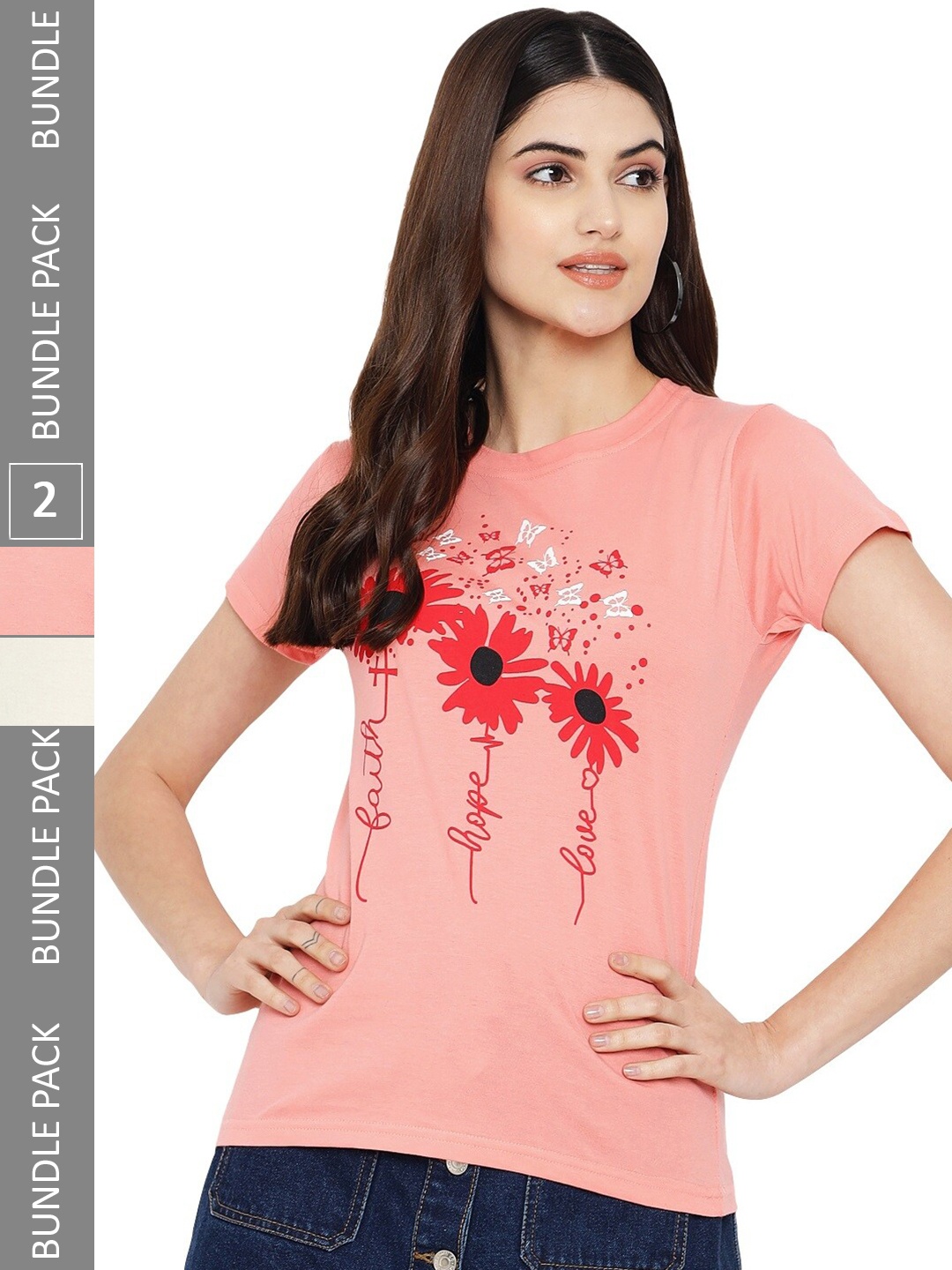 

Fabflee Pack Of 2 Floral Printed Cotton T-shirt, Pink