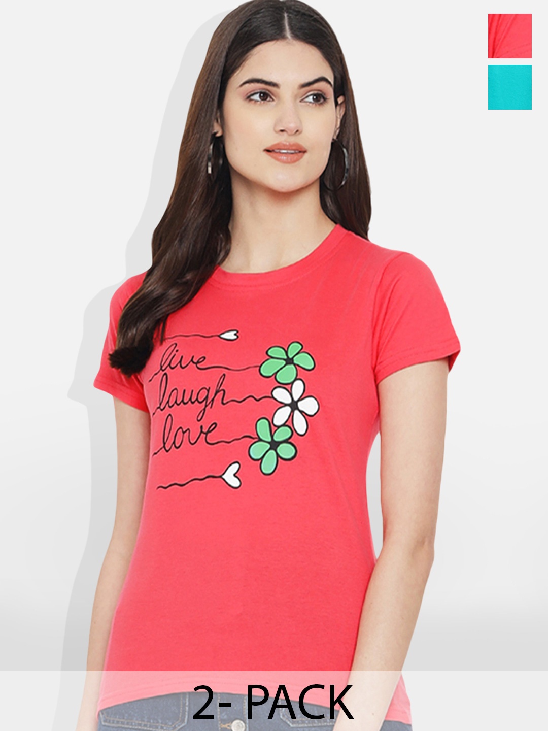 

Fabflee Pack of 2 Printed Cotton T-shirts, Turquoise blue