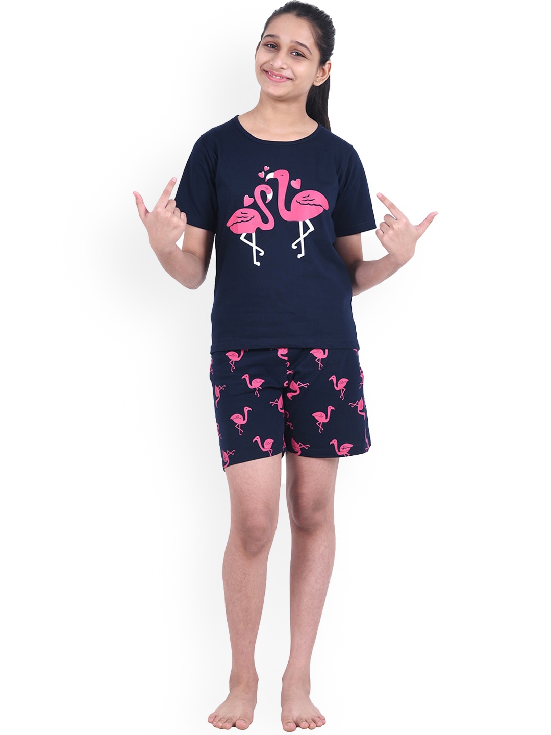 

FUNKRAFTS Girls Conversational Printed Pure Cotton Night Suit, Navy blue