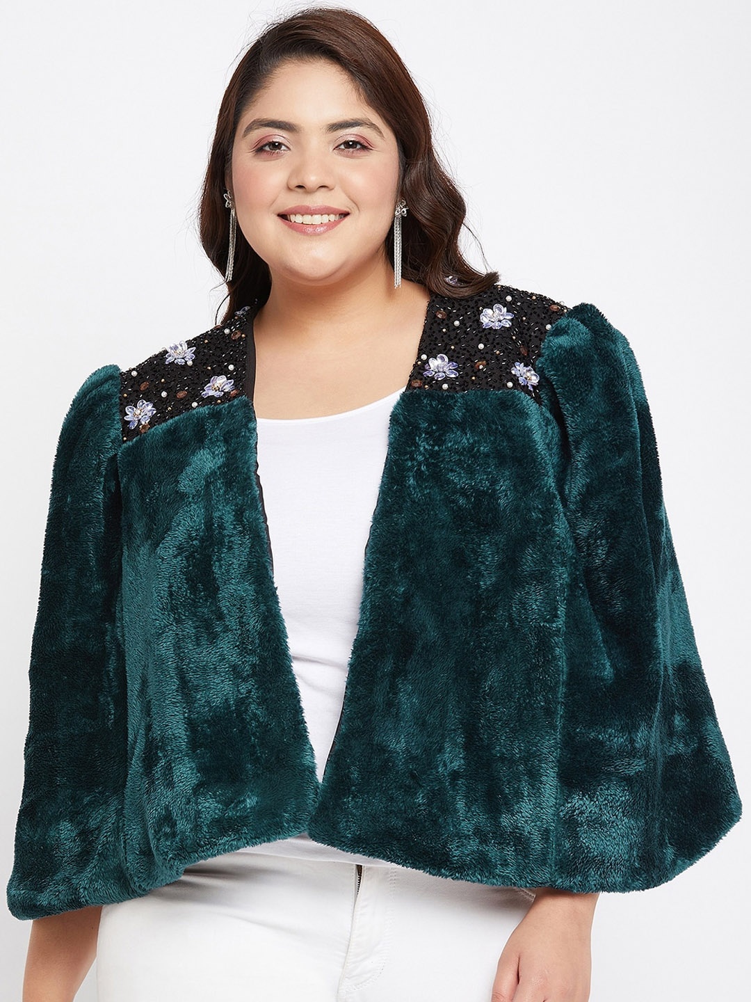 

Antheaa Curve Plus Size Fux Fur Trim Embellished Crop Open Front Jacket, Teal