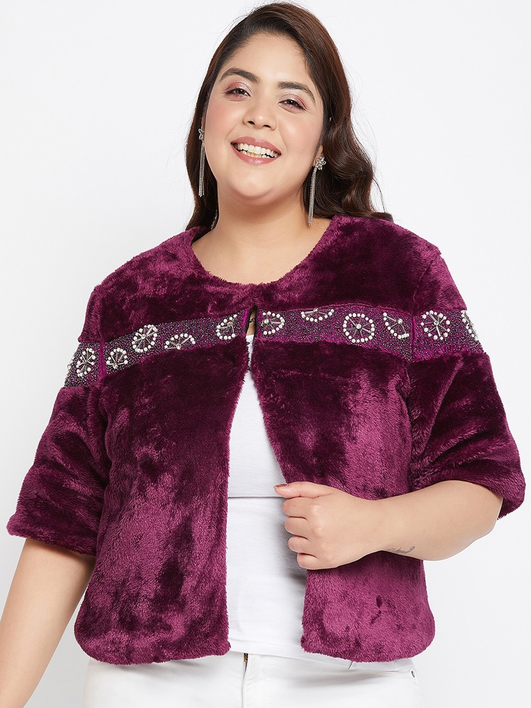 Antheaa Curve Plus Size Fux Fur Trim Embellished Open Front Jacket, Purple