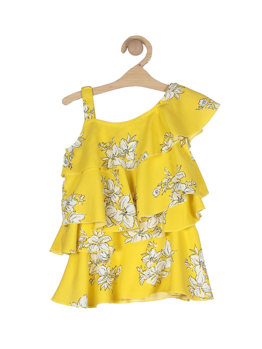 

Lil Lollipop Girls Shoulder Straps Floral Printed Layered Pure Cotton A-Line Mini Dress, Yellow