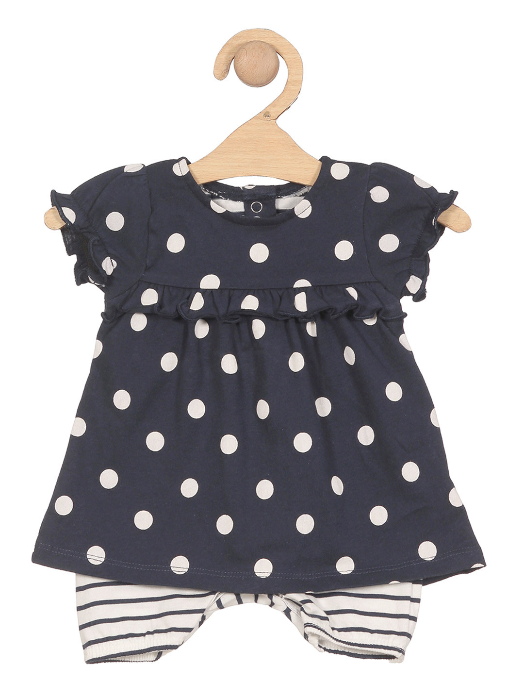 

Lil Lollipop Infant Girls Polka Dot Printed Pure Cotton Rompers, Navy blue
