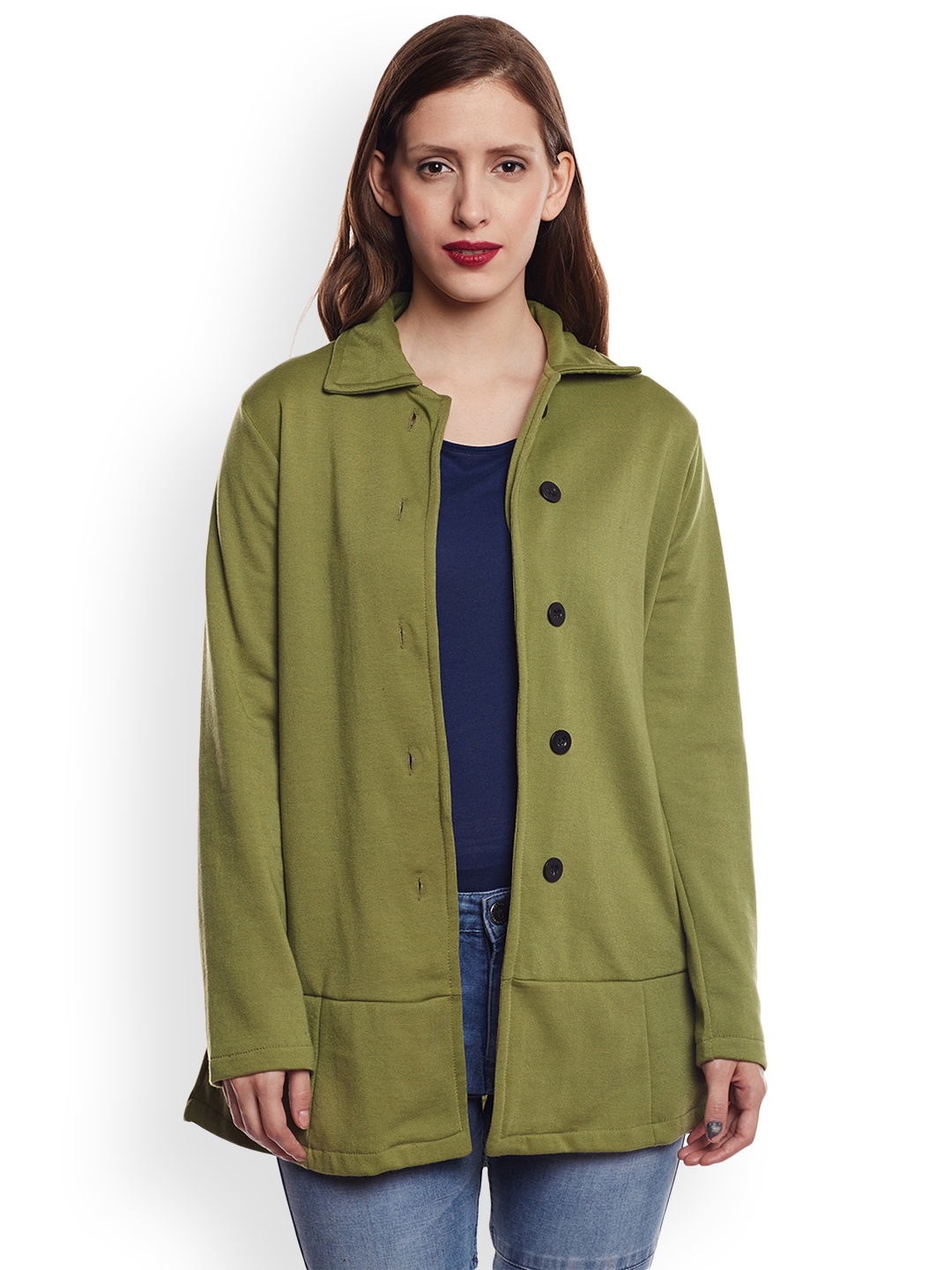 

Belle Fille Women Olive Green Fleece Pea Coat