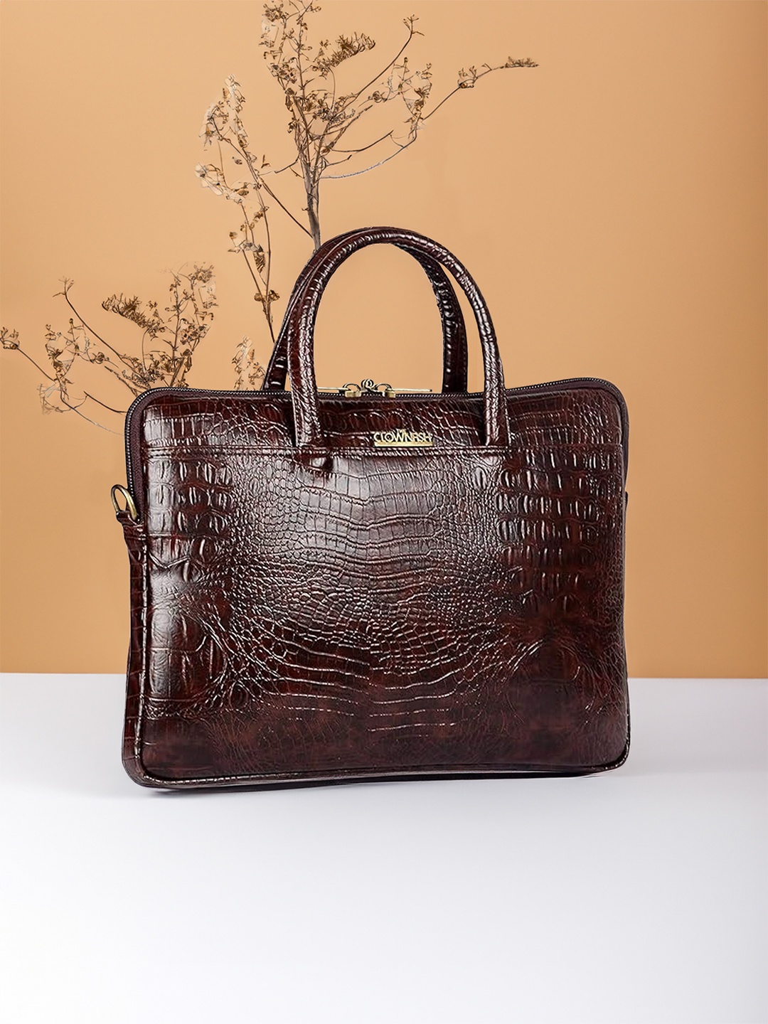 

THE CLOWNFISH Crocodilan Textured Leather Laptop Bag, Coffee brown