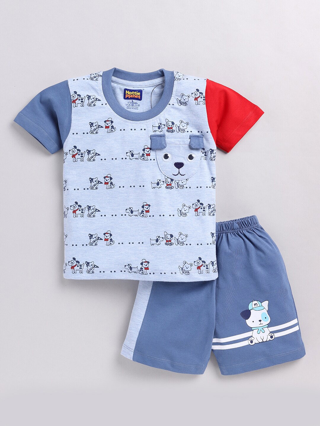 

Nottie Planet Boys Cat & Dog Printed Cotton T-shirt with Shorts, Blue