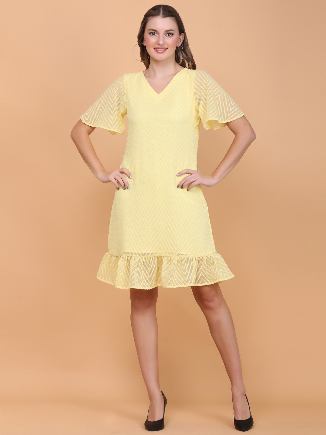 

DESI WOMANIYA V-Neck Texture Ruffled Georgette A-Line Dress, Yellow