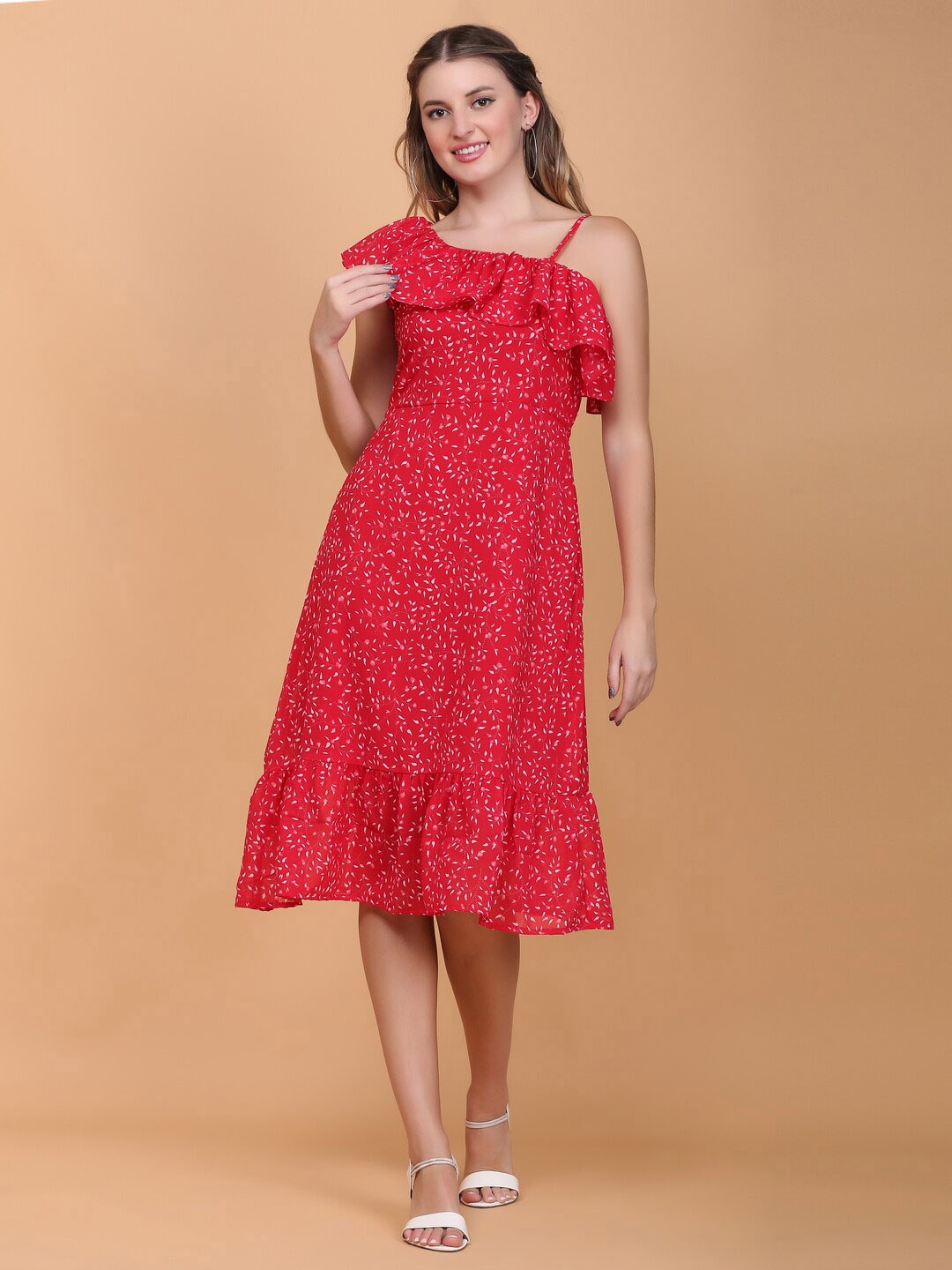 

DESI WOMANIYA Floral Flared Sleeve Ruffled Georgette A-Line Midi Dress, Red