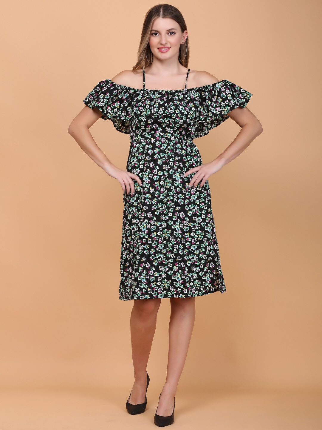

DESI WOMANIYA Floral Printed Shoulder Strap Ruffled Fit & Flare Dress, Black