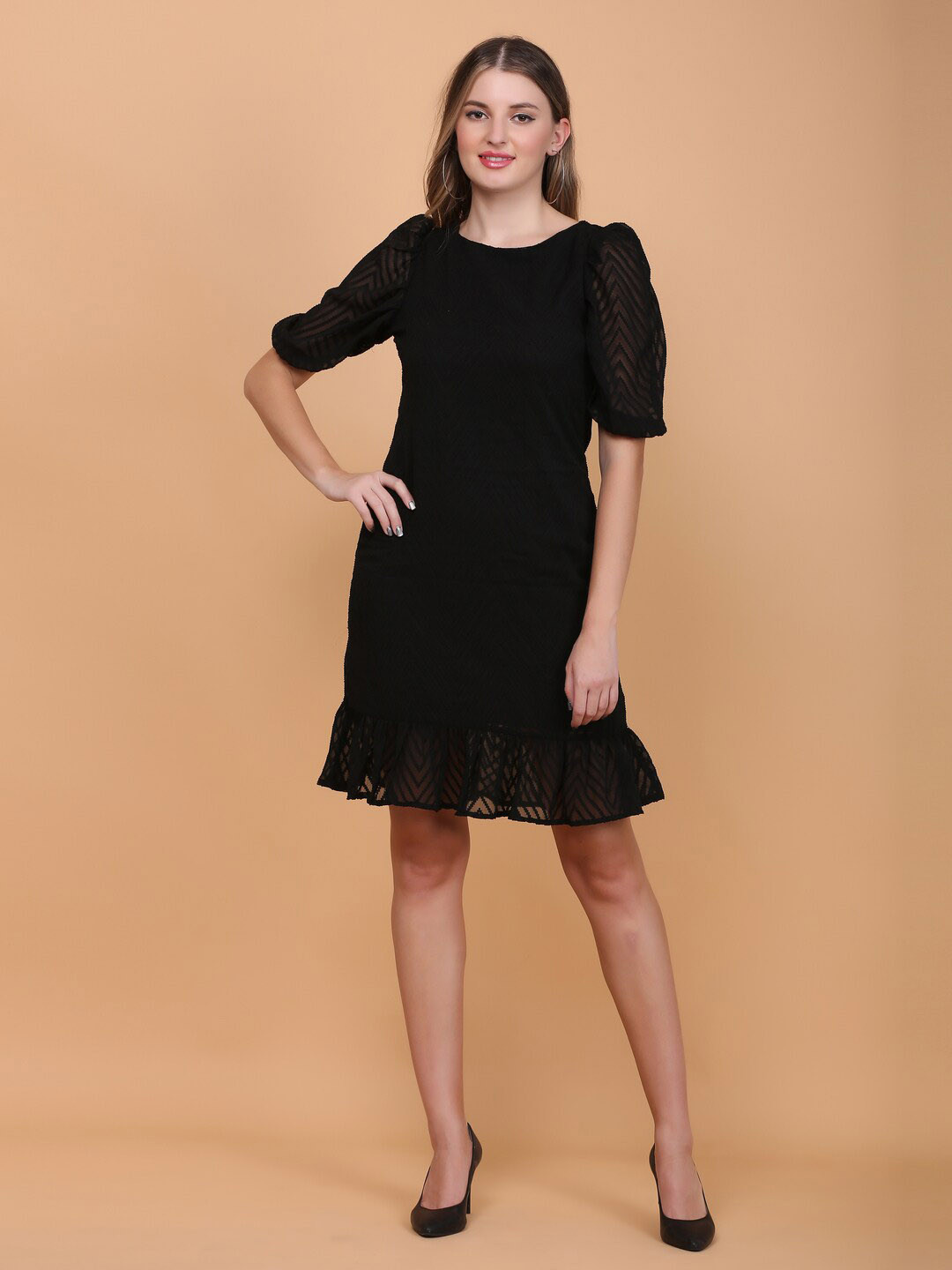 

DESI WOMANIYA Puff Sleeve Ruffled A-Line Dress, Black