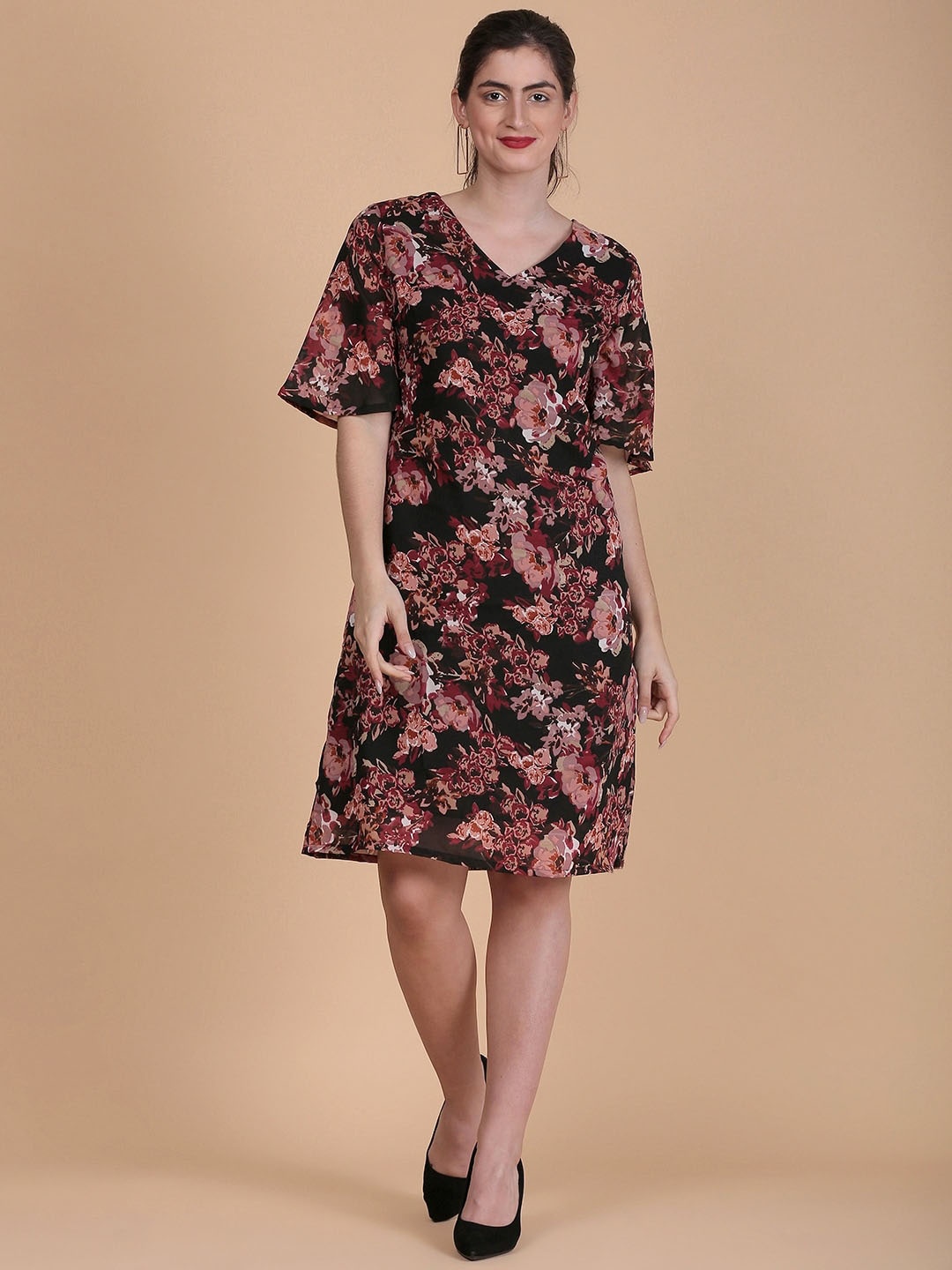 

DESI WOMANIYA V-Neck Floral Printed Georgette A-Line Dress, Black