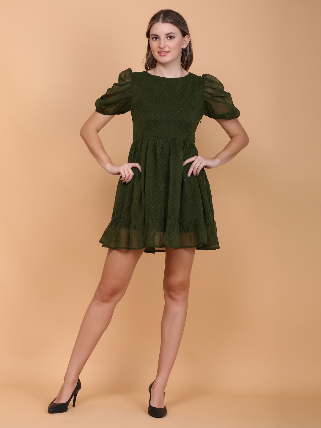 

DESI WOMANIYA Puff Sleeve Ruffled Georgette A-Line Dress, Olive