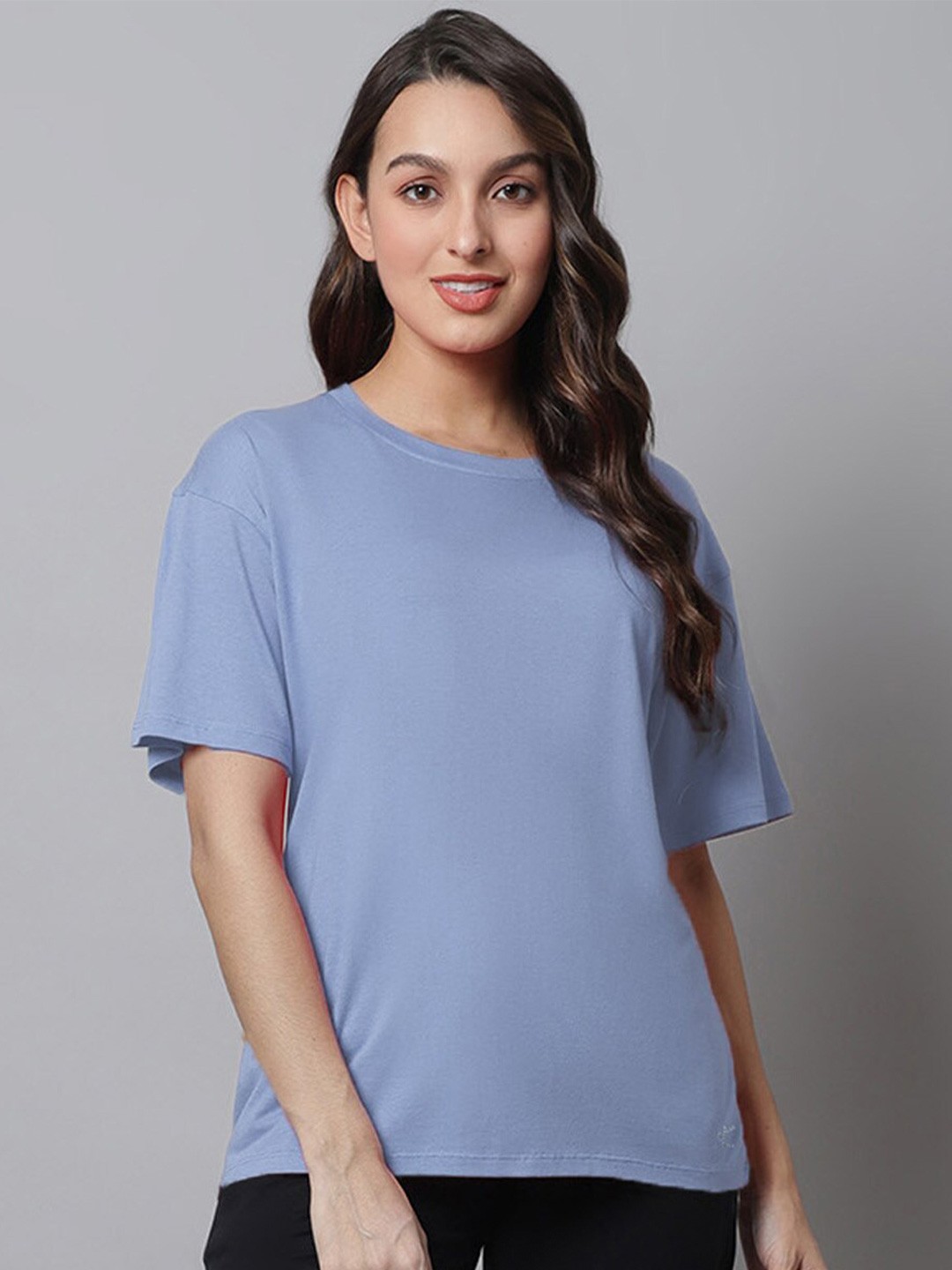

Kanvin Round Neck Drop Shoulder Sleeves Loose Fit T-shirt, Blue