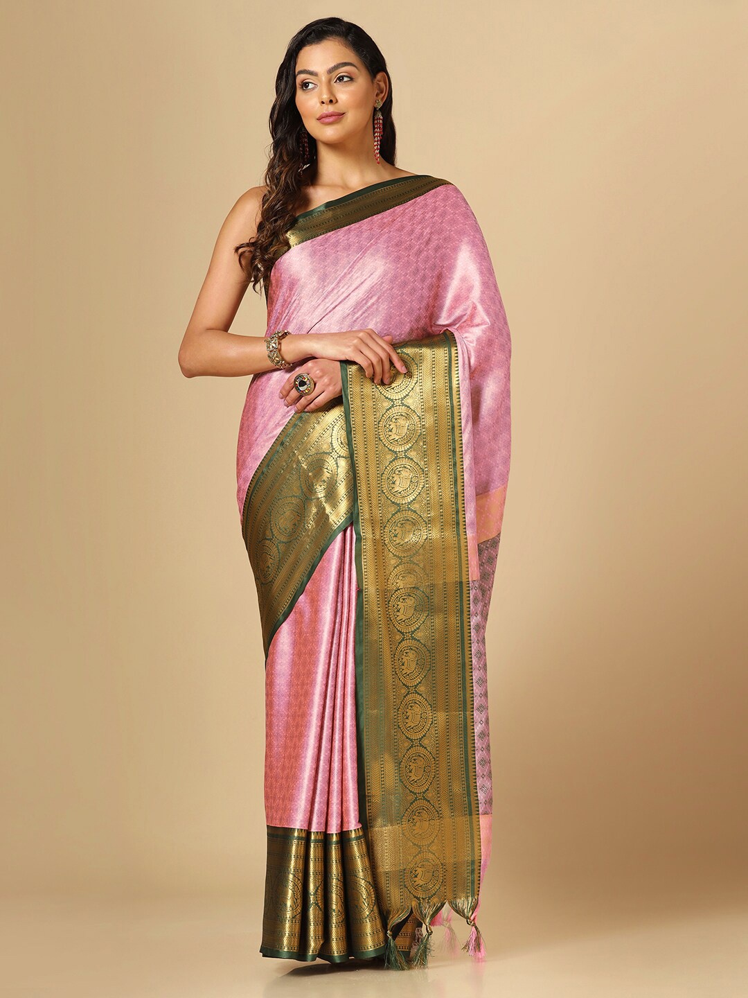 

Satrani Ethnic Motif Woven Design Zari Jacquard Saree, Pink