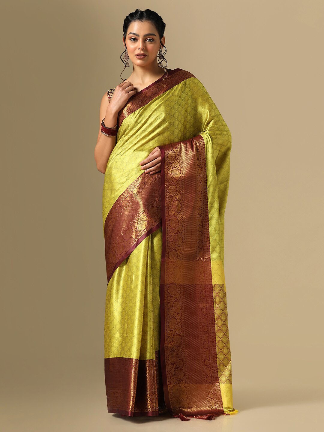 

Satrani Ethnic Motifs Woven Design Zari Silk Blend Saree, Green