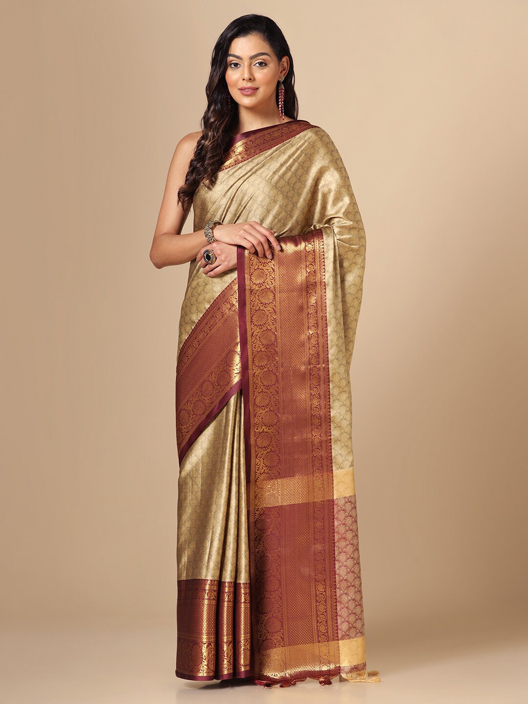 

Satrani Ethnic Motif Woven Design Zari Jacquard Saree, Beige