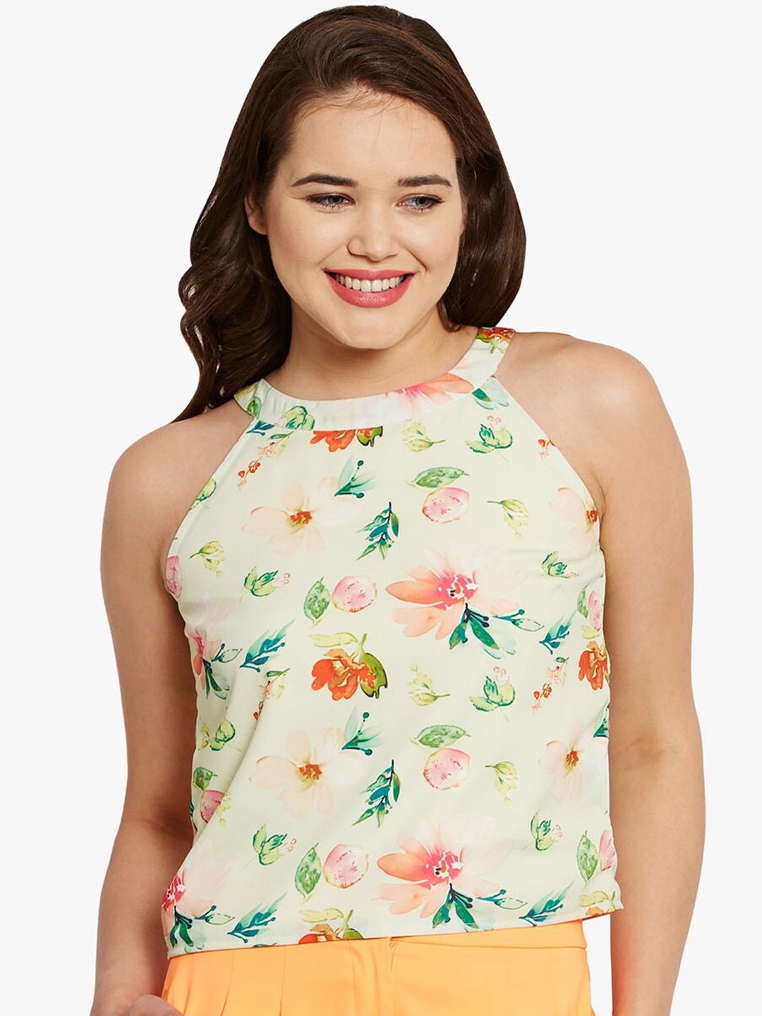 

BandBox Floral Printed Halter Neck Cut Out Top, Off white