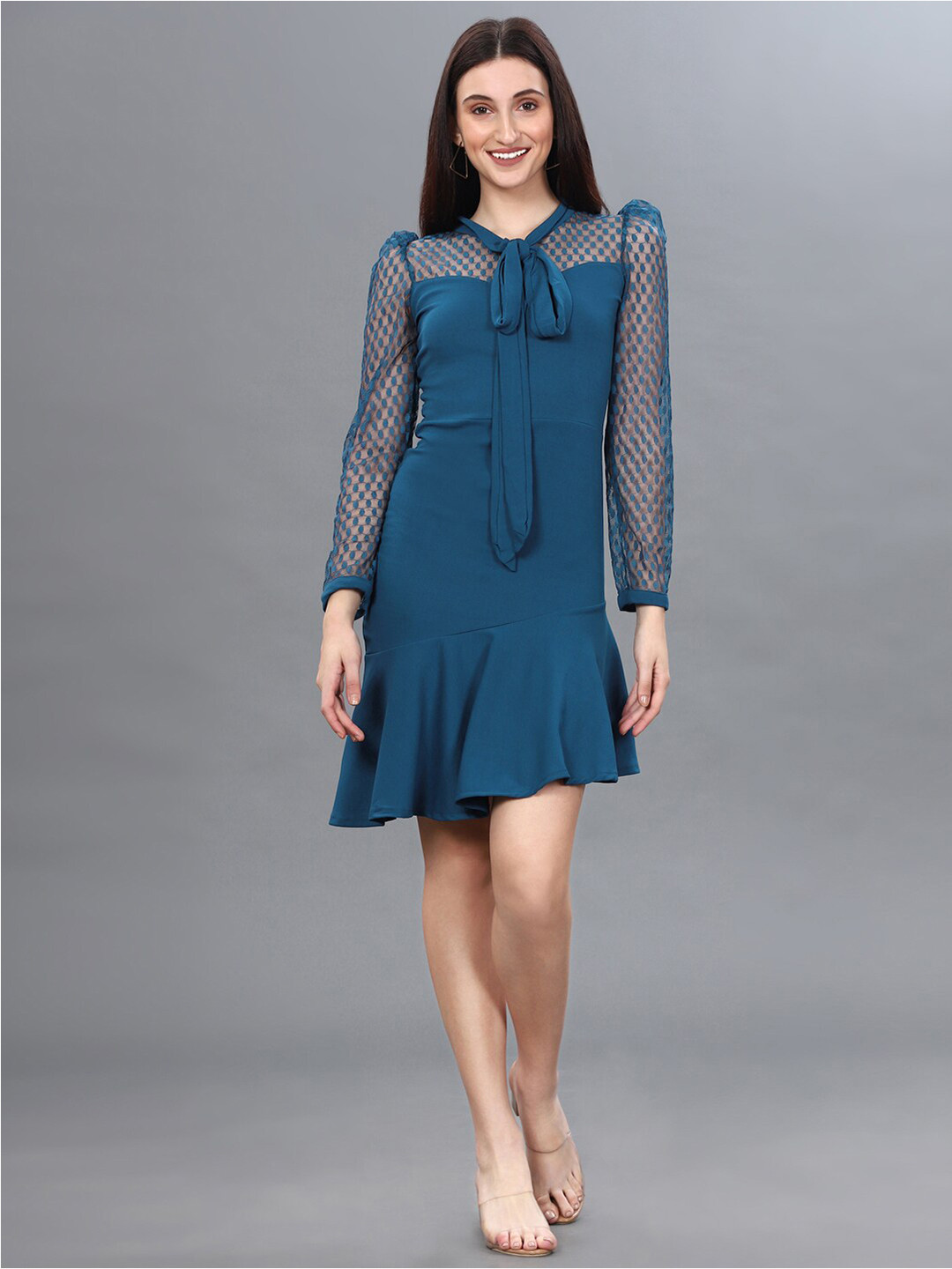 

Selvia Tie-Up Neck A-Line Dress, Teal