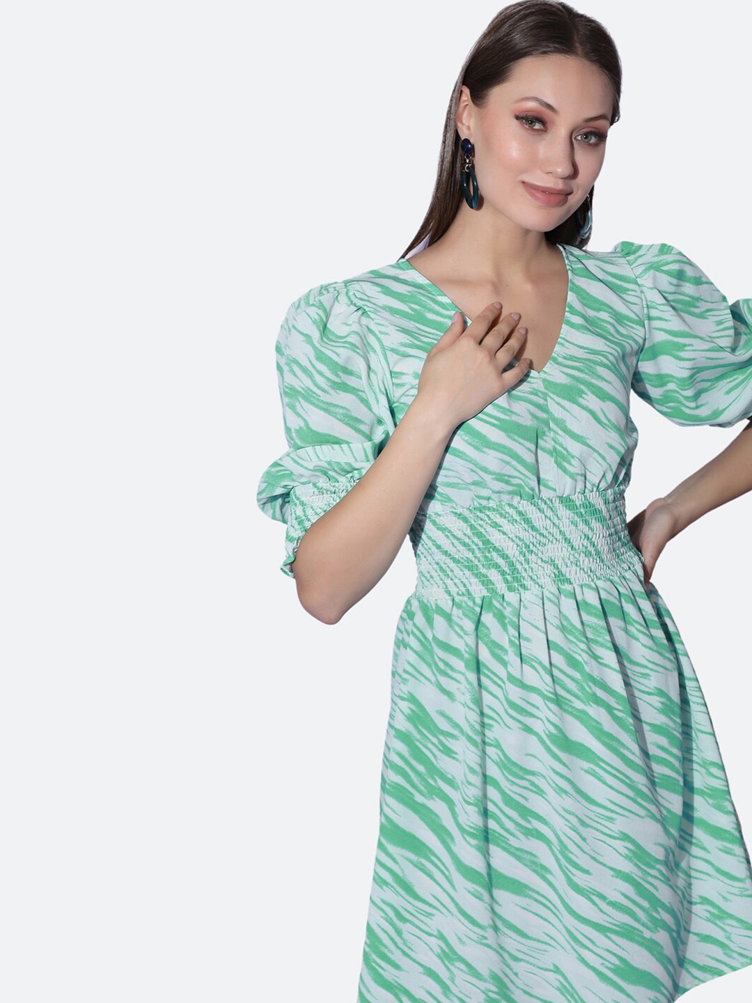 

Selvia V-Neck Abstract Printed Smocked Crepe Fit & Flare Dress, Sea green