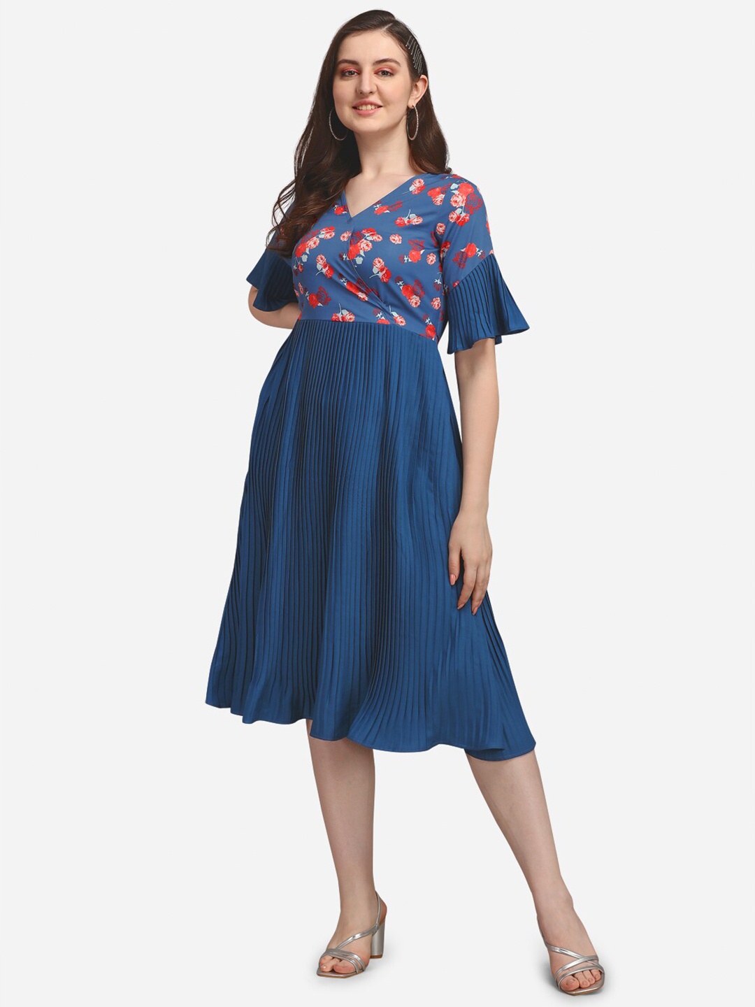 

Selvia V-Neck Floral Printed Accordion Pleats Crepe Fit & Flare Dress, Blue