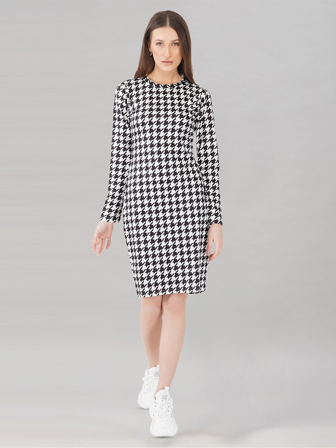

Selvia Round Neck Checked Sheath Dress, Black