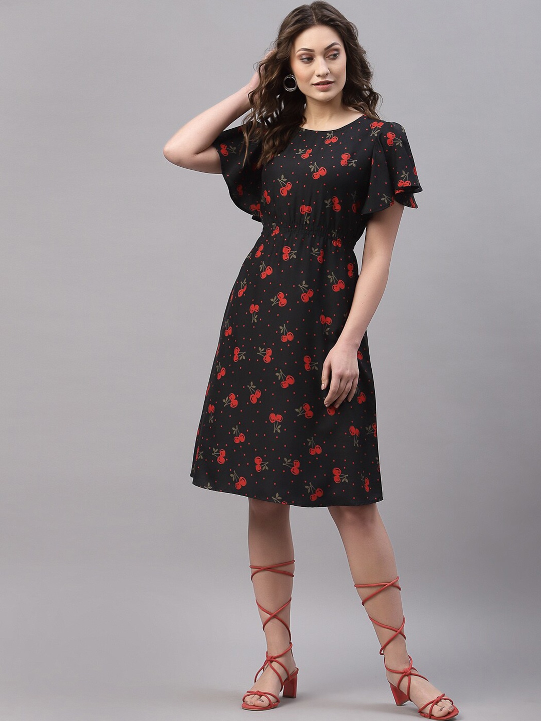 

Selvia Conversational Printed Flutter Sleeves Fit & Flare Dress, Black