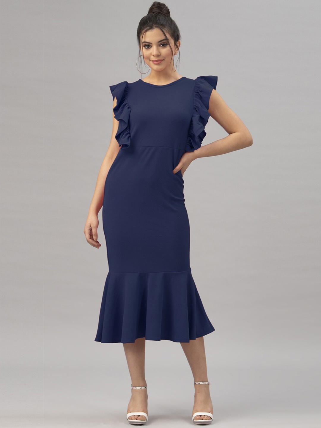

Selvia Navy Blue Flutter Sleeve Sheath Midi Dress