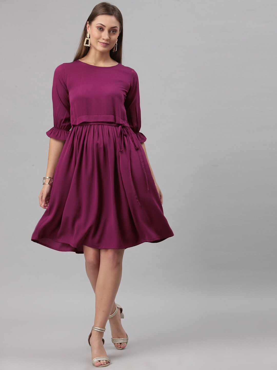 

Selvia Round Neck Crepe Fit & Flare Dress With Belt, Purple