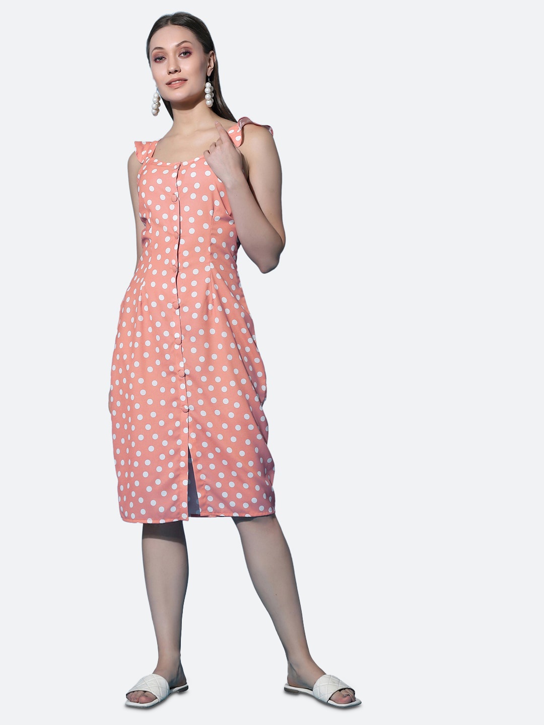 

Selvia Shoulder Straps Polka Dots Printed A-Line Dress, Peach