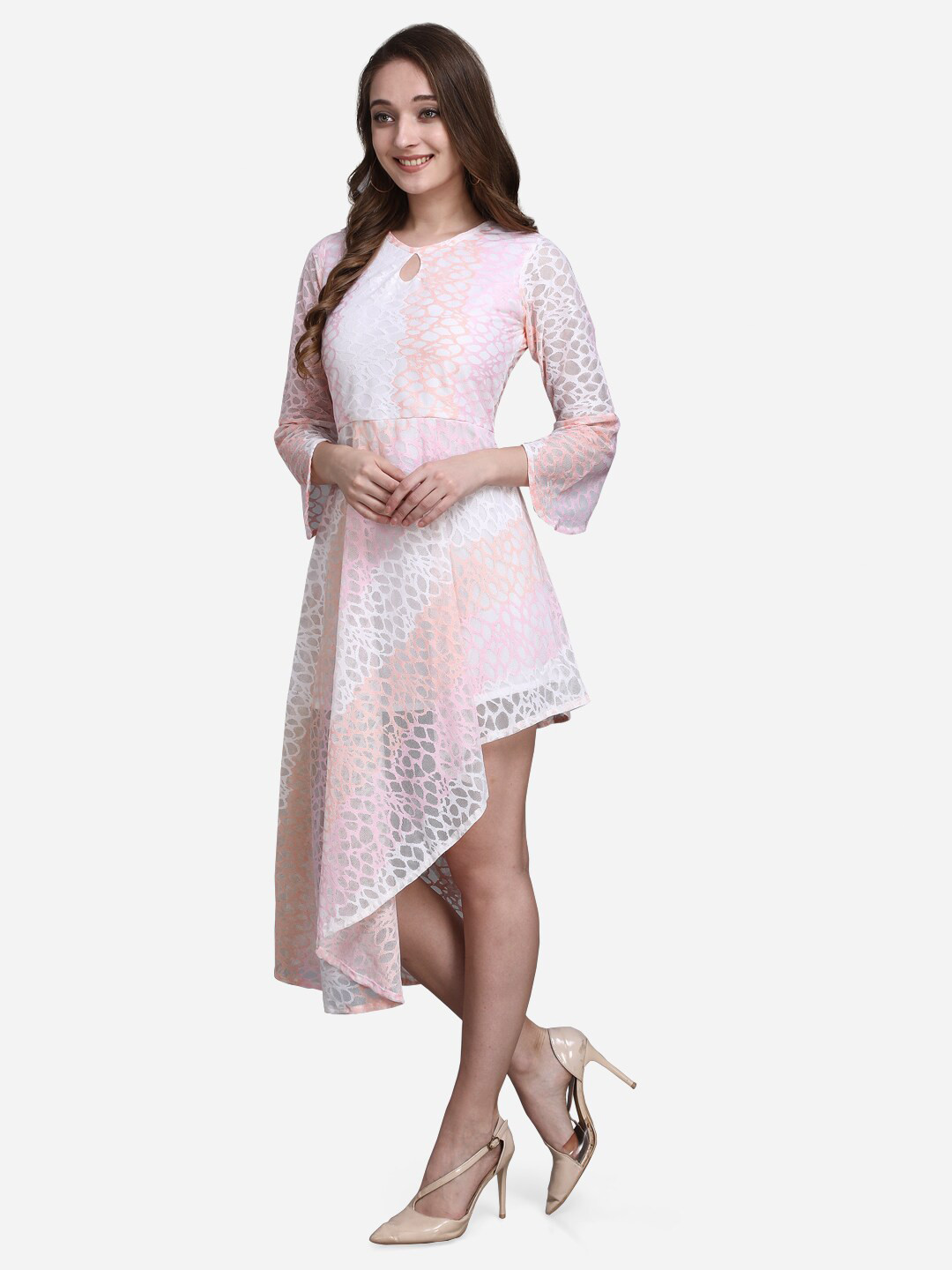 

Selvia Keyhole Neck Asymmetric Hem Net A-Line Dress, Peach