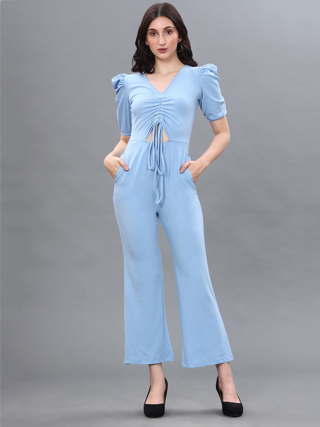 

Selvia V-Neck Puff Sleeve Ruched Tie Up Jumpsuit, Blue
