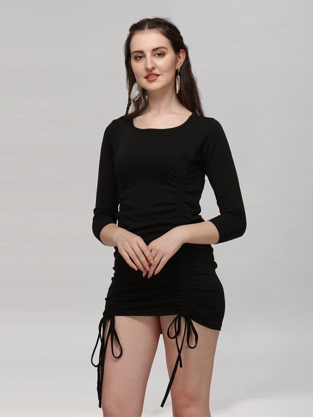 

Selvia Square Neck Ruched Tie Up Bodycon Mini Dress, Black