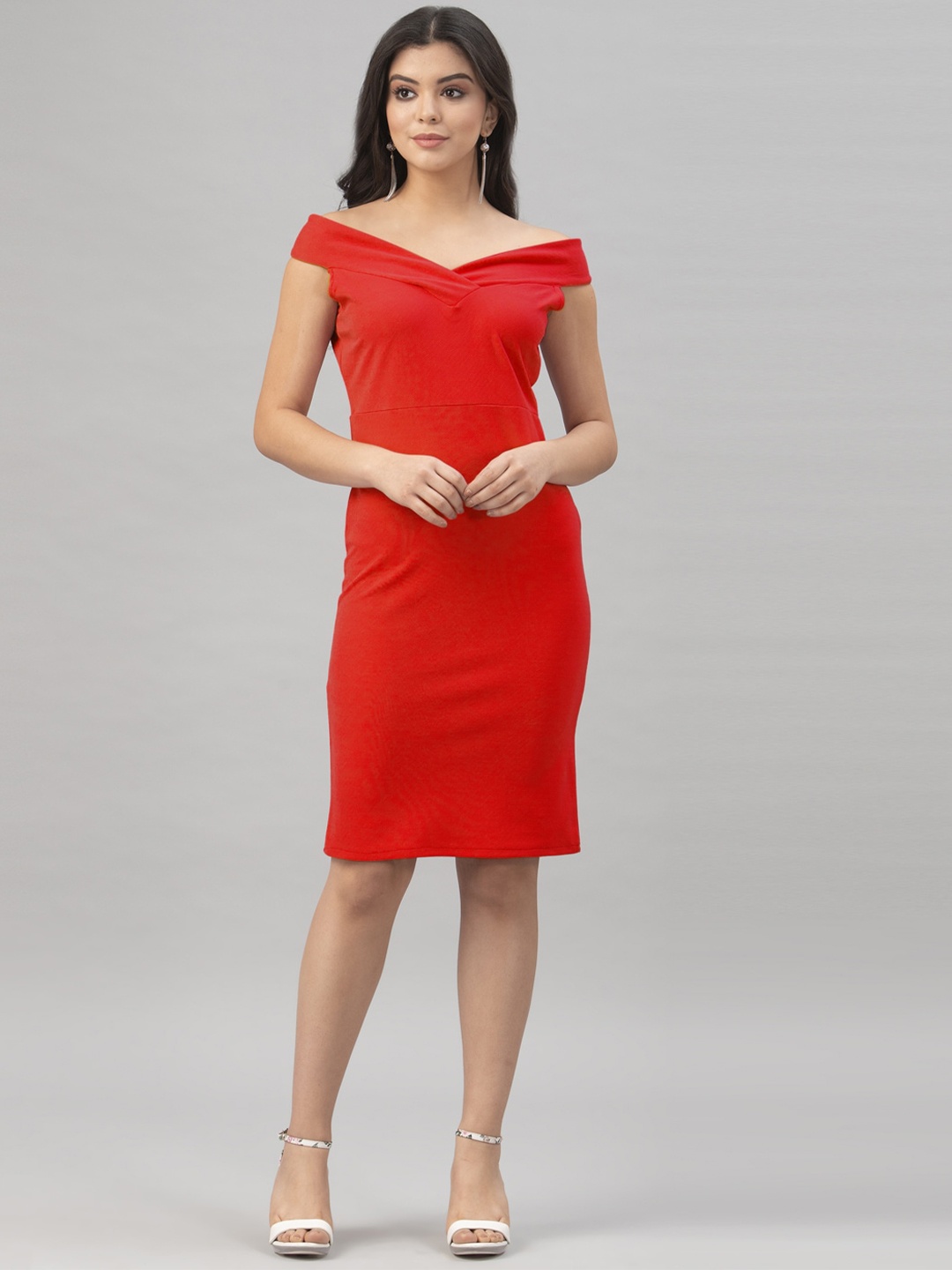 

Selvia Off-Shoulder Lycra Sheath Dress, Red