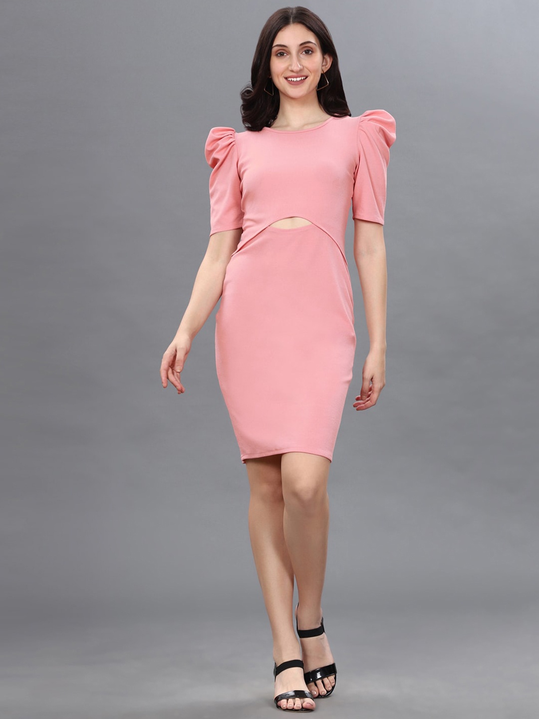 

Selvia Round Neck Puff Sleeve Cut Out Lycra Sheath Dress, Pink