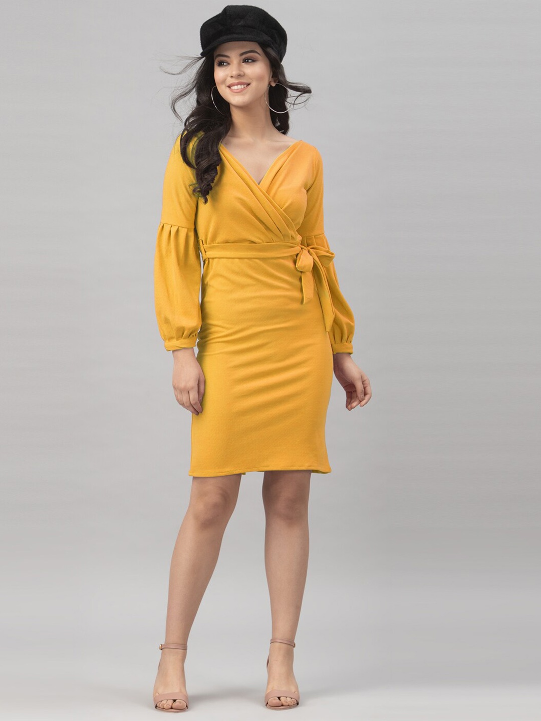 

Selvia V-Neck Puff Sleeve Wrap Dress With Belt, Mustard