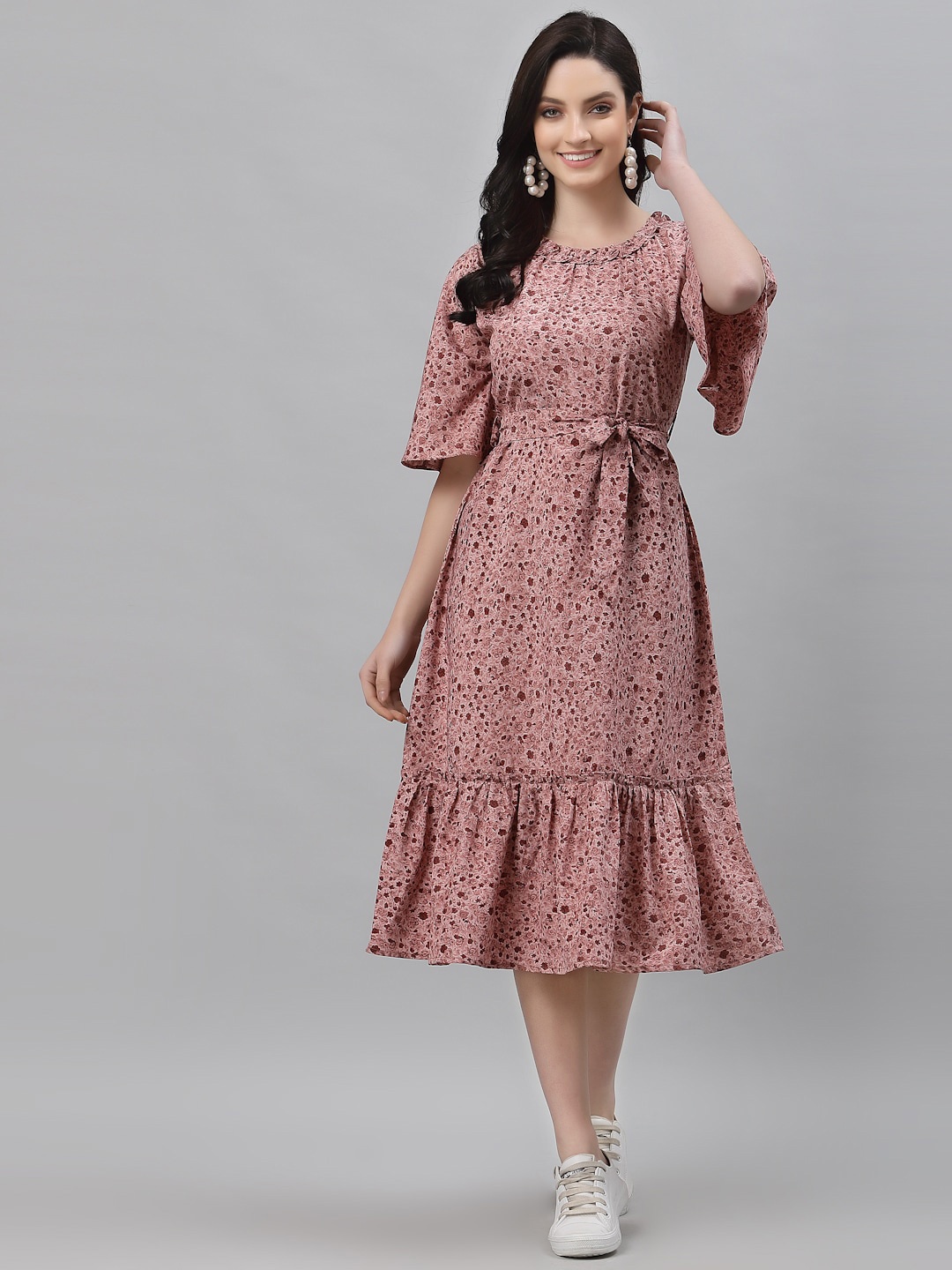 

Selvia Round Neck Floral Printed Ruffles Crepe A-Line Midi Dress With Belt, Pink