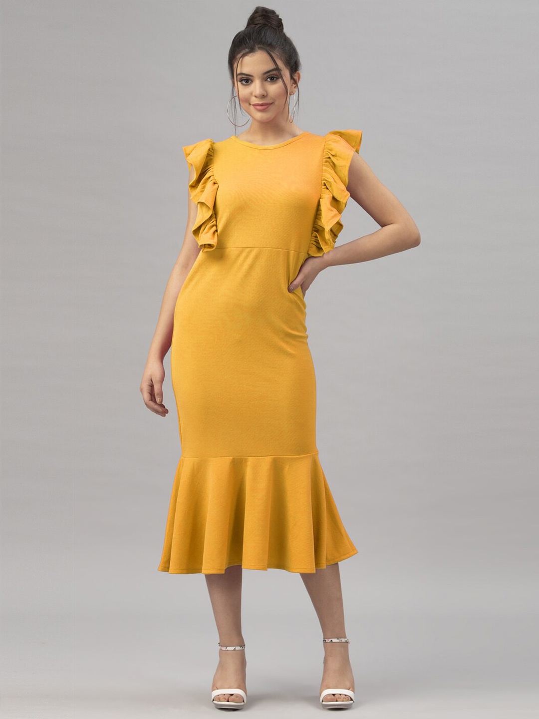 

Selvia Round Neck Flutter Sleeve Ruffles Sheath Midi Dress, Mustard