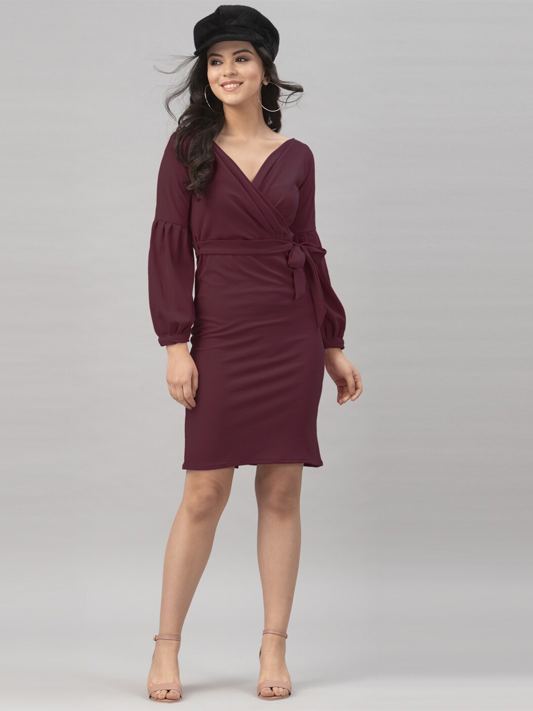 

Selvia V-Neck Lycra Sheath Dress With Belt, Brown