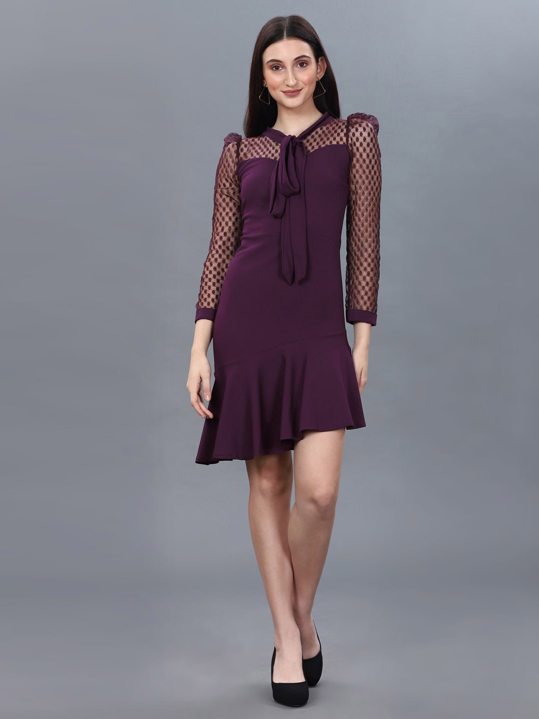 

Selvia Tie-Up Neck Lycra Mini A-Line Dress, Purple