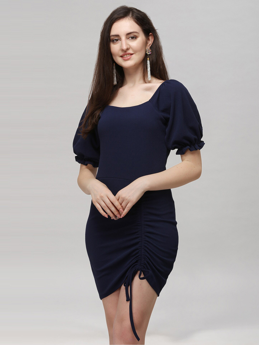 

Selvia Square Neck Puff Sleeve Tie Up Ruched Mini Bodycon Dress, Navy blue