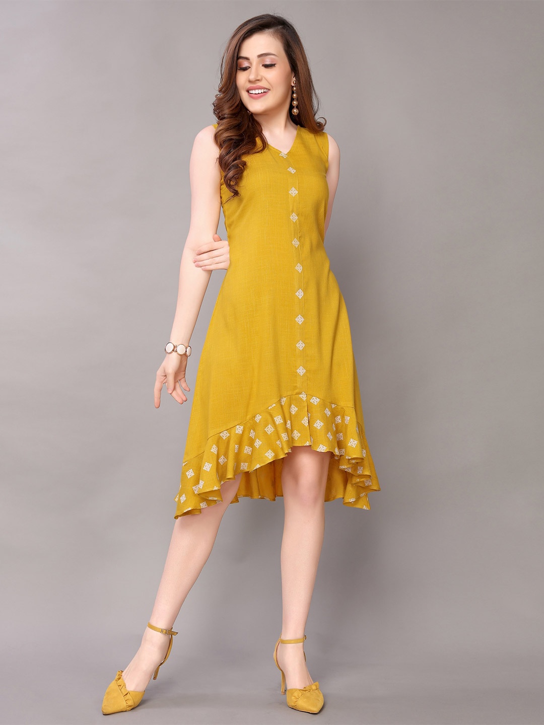 

Selvia V-Neck Ethnic Motifs Printed A-Line Dress, Mustard