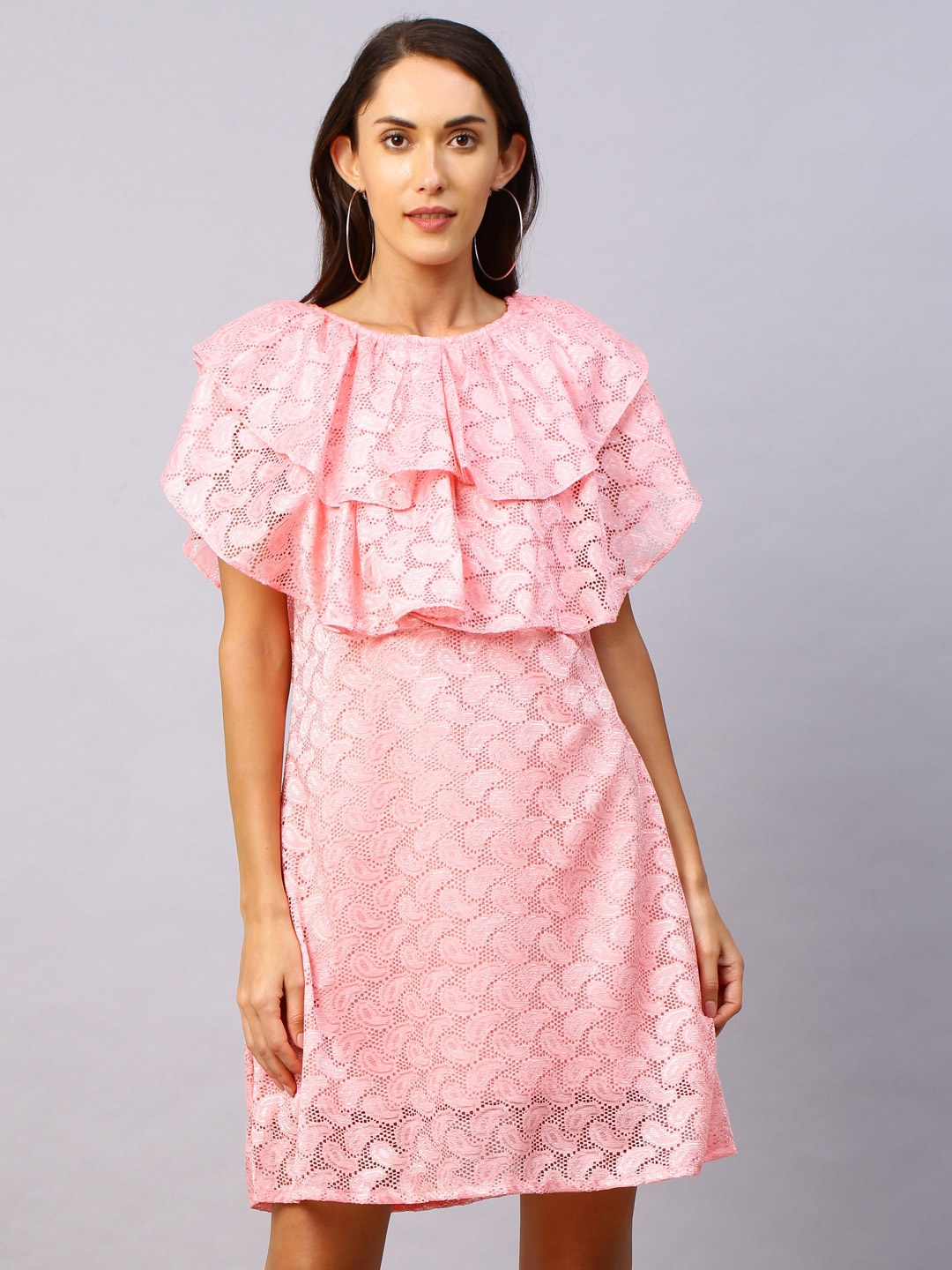 

Selvia Round Neck Flutter Sleeve Net Self Design A-Line Dress, Pink