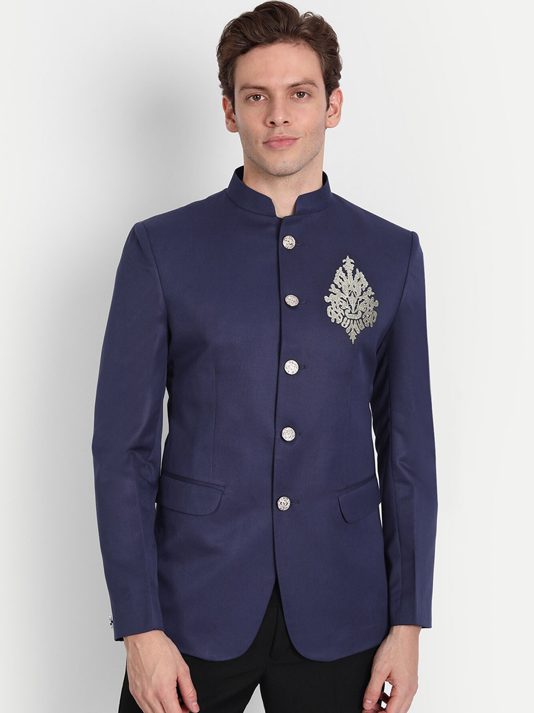 

TrulyFeb Self Design Cotton Bandhgala Party Blazer, Navy blue