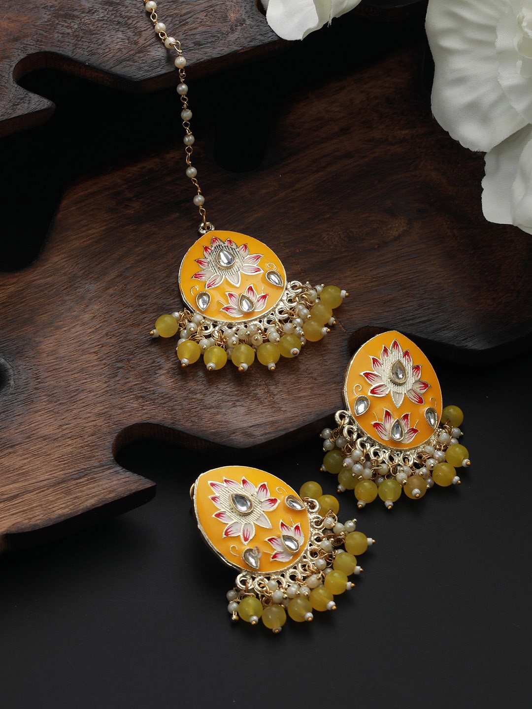 

Jazz and Sizzle Gold-Plated Kundan-Studded Meenakari Maang Tika & Drop Earrings