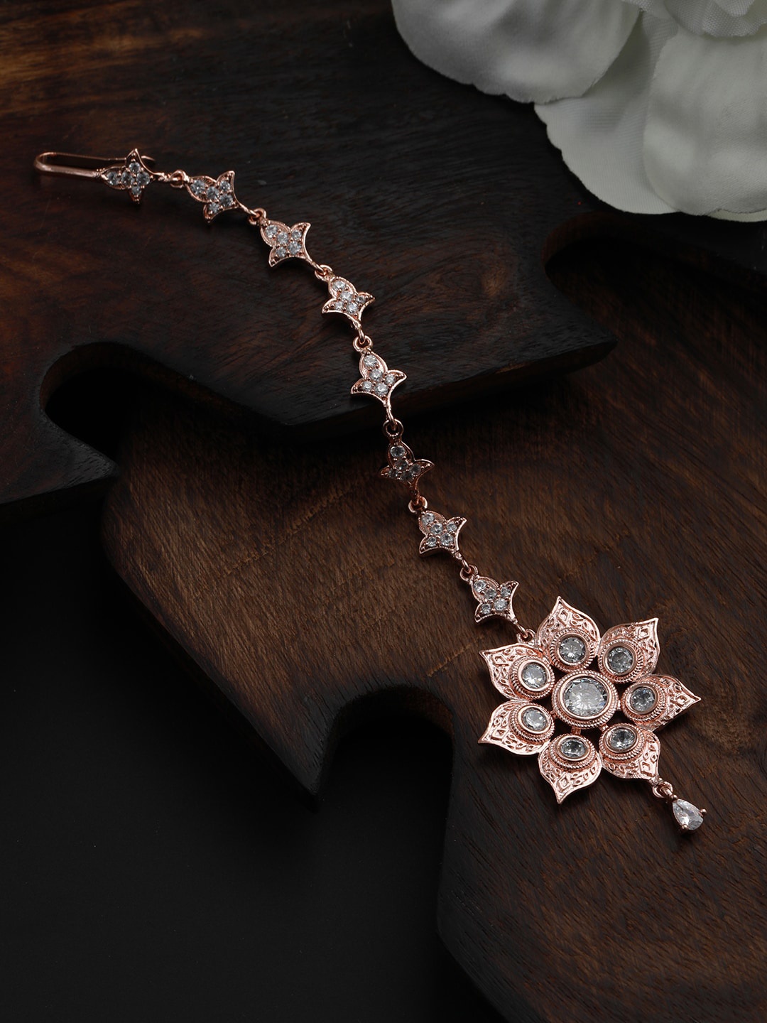 

Jazz and Sizzle Rose Gold-Plated & AD Studded Floral Design Maang Tikka