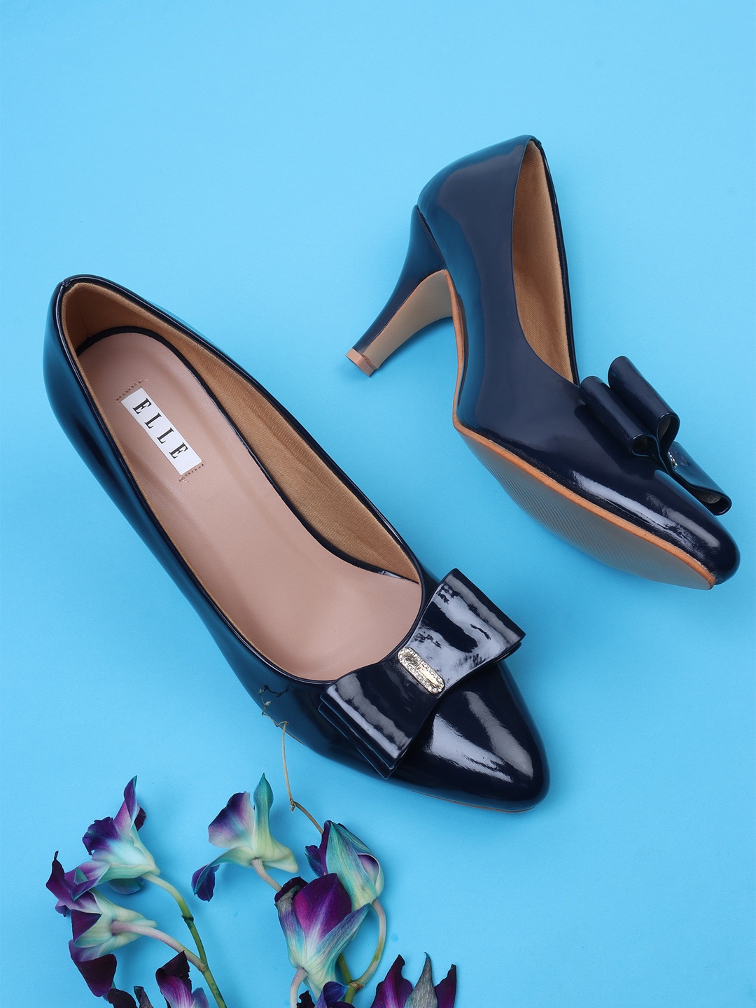 

ELLE Pointed Toe Slim Pumps With Bows, Navy blue