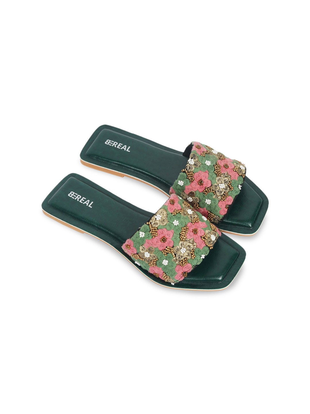 

BEREAL Women Floral Embellished Open Toe Flats, Green