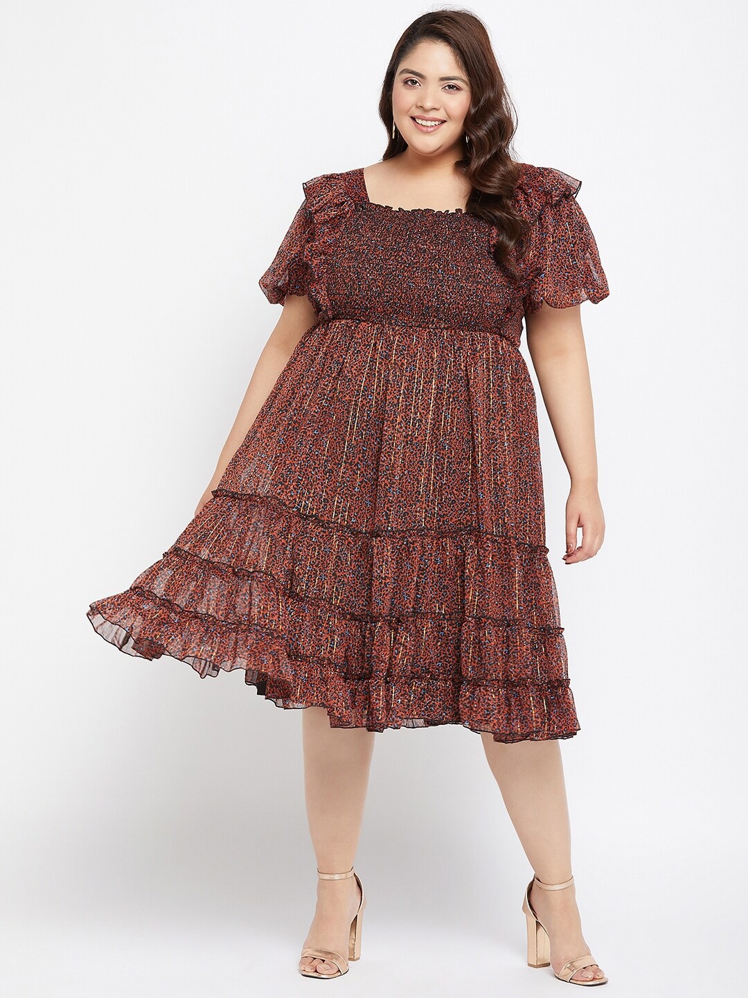 

Antheaa Curve Plus Size Ethnic Motifs Print Puff Sleeve Chiffon Empire Midi Dress, Black
